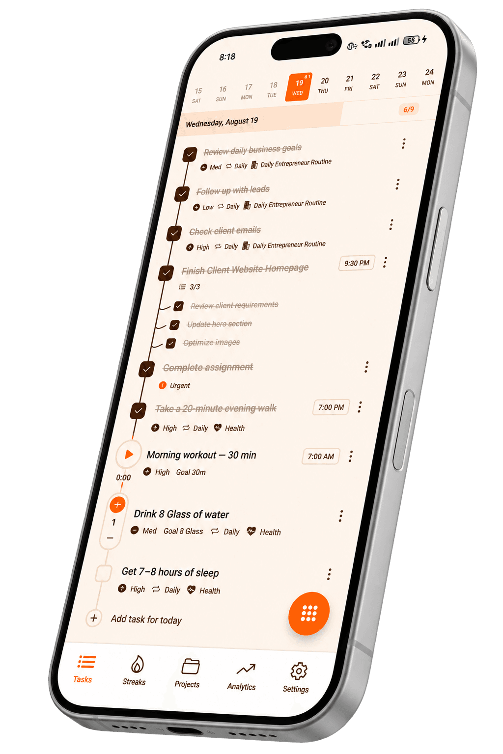 Taskke task planner showing daily tasks organized by priority and due date